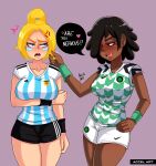  accel_art annoyed argentina argentina_shirt big_breasts blonde blush breasts chocolate_and_vanilla dark-skinned_female dark_hair edit grabbing_hair huge_breasts imminent_sex interracial light-skinned_female medium_breasts nigeria sports_uniform sportswear teasing tongue tongue_out yuri 