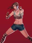  1girl alluring brown_eyes brown_hair crop_top earrings female_abs fit_female hanny_(uirusu_chan) michelle_chang namco shorts tekken tekken_1 tekken_2 tekken_tag_tournament tekken_tag_tournament_2 