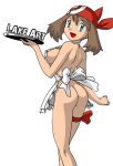  1girl alluring alpha_channel apron apron_only bloggerman blue_eyes bottomless brown_hair female_only female_solo haruka_(pokemon) headband kageta lake_art leg_band looking_at_viewer lowres may may_(pokemon) naked_apron plate pokemon short_hair smile solo transparent_background watermark 