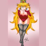  1girl blonde_hair blue_eyes corset crown dilane93 eyeshadow female lingerie lipstick long_hair looking_at_viewer mario_(series) princess_peach solo stockings super_mario_bros. thick_thighs winking_at_viewer 