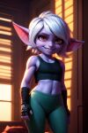  ai_generated bedroom fingerless_gloves league_of_legends leggings purple_skin tanktop tristana white_hair yordle 