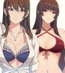 2_girls alluring bikini blue_eyes bra brown_hair dead_or_alive konishiki_(52siki) kono_shiki nanami_(doa) nyotengu purple_eyes shirt tecmo