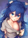 blue_eyes blue_hair embarrassed female_focus female_only hair_ornament large_breasts looking_at_viewer no_bra presenting presenting_breasts pulled_by_self touhou