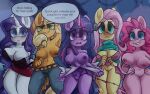 1girl abs anthro anthrofied applejack_(mlp) big_breasts bottomwear bra breasts cleavage clothed clothing english_text equid equine fluttershy_(mlp) friendship_is_magic furry genitals goshhhh goshhhh hand_on_hip hasbro horn mammal my_little_pony nude panties panties_down pinkie_pie_(mlp) pussy rarity_(mlp) skirt text topless twilight_sparkle_(mlp) underwear underwear_down undressing unicorn