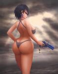  1girl ass ass_cleavage bayonetta bayonetta_(character) bayonetta_2 beach big_breasts bikini black_hair butt_crack cloudy_sky earrings firearm glasses gun handgun huge_ass huge_breasts lipstick looking_at_viewer nintendo purple_eyes saf-404 safartwoks safartworks short_hair thick_thighs thin_waist weapon wide_hips 