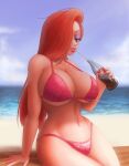 1female 1girl beach bikini breasts cleavage coke-bottle_glasses daylight disney drinking female_only green_eyes huge_breasts jessica_rabbit lips lipstick midriff red_bikini red_hair saf-404 safartwoks safartworks sea sequins thin_waist toony who_framed_roger_rabbit wide_hips