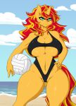 1girl 1girl anthro anthrofied beach big_breasts breasts cameltoe clothing equestria_girls equid equine furry hasbro high_res horn mammal my_little_pony nipple_outline one-piece_swimsuit seaside sunset_shimmer_(eg) swimwear unicorn xelsword