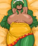  1girl armpits arms_up bed blush breasts dark-skinned_female dark_skin eyebrows fat female female_focus female_only futaba_channel glasses green_hair horns huge_breasts long_hair lying nandi nijiura_maids nipples on_back plump solo_female sweat sweatdrop thick_eyebrows yellow_eyes yuumano_yuuki 