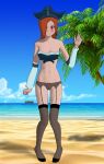 1girl beach breasts female_only garter_belt garter_straps high_resolution layax league_of_legends light-skinned_female light_skin miss_fortune palm_tree panties pirate pussy red_eyes red_hair stockings video_games watermark