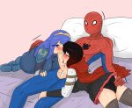 crossover double_fellatio fellatio ffm_threesome fire_emblem licking_penis lucina lucina_(fire_emblem) oral penis_lick ruby_rose rwby spider-man spider-man_(series) teamwork threesome