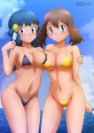 2_girls alluring big_breasts bikini blue_eyes blue_hair blush breasts brown_hair couple dawn_(pokemon) duo holding holding_food holding_popsicle hugging long_hair looking_at_viewer may_(pokemon) medium_breasts multiple_girls nintendo pokemon pokemon_(anime) pokemon_(game) pokemon_dppt pokemon_rse popsicle short_hair standing swimsuit yuri zel-sama