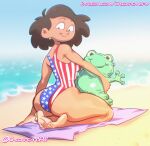  1girl 2024 4th_of_july american_flag_bikini amphibia asian_female ass barefoot beach big_ass brown_hair chickpea color colored dark-skinned_female digital_drawing_(artwork) earrings feet female_only frog huge_ass kneel looking_at_viewer milf ocean oum_boonchuy plushie sfw smile soles swimsuit toes towel 