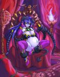 1girl astaroth_(shinrabanshou) black_sclera blue_skin boots breasts demon_girl female female_only horns kobayashi_tetsuya pointy_ears pregnant purple_boots shinrabanshou solo solo_female tail thighhighs throne wings