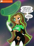  1girl breasts brown_hair brown_skin cartoon_network dc_comics dc_super_hero_girls dialogue green_lantern hologram ilpanza jessica_cruz looking_at_viewer penis pubic_hair pussy smile speech_bubble text torn_clothes warner_brothers 