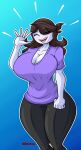 1girl 5_fingers big_ass big_breasts black_hair blue_background closed_eyes hips hourglass_figure huge_ass huge_breasts huge_thighs jaiden_animations leggings purple_shirt real_person richdraw smile tall_female thick_thighs youtuber