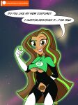  1girl breasts brown_hair brown_skin cartoon_network dc_comics dc_super_hero_girls dialogue green_lantern ilpanza jessica_cruz looking_at_viewer pubic_hair pussy smile speech_bubble text torn_clothes warner_brothers 