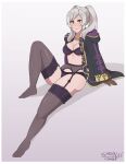 1girl absurd_res alluring black_bra black_panties blush bra breasts cleavage coat fire_emblem fire_emblem_awakening full_body garter_belt garter_straps grey_hair high_res lingerie looking_at_viewer medium_breasts navel nintendo panties robin_(fire_emblem) robin_(fire_emblem)_(female) sarukaiwolf sitting smile stockings super_smash_bros. super_smash_bros._ultimate super_smash_bros_wii_u twin_tails underwear