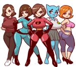 1girl 5girls ass black_hair brown_hair cartoon_network cat_ears cat_girl cat_tail clothed clothed_female crossover danny_phantom debbie_turnbull disney female_only furry furry_female helen_parr hilda_(series) johanna_(hilda) lineup madeline_fenton milf mossyfroot multiple_females multiple_girls nicole_watterson orange_hair pixar robotboy short_hair sweater the_amazing_world_of_gumball the_incredibles thick_ass yoga_pants