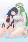  2_girls alluring bare_legs big_breasts big_breasts bikini black_bikini black_swimsuit blue_eyes blush byleth_(female) byleth_(fire_emblem) female_only fire_emblem fire_emblem:_three_houses fire_emblem_heroes flower flower_in_hair green_eyes green_hair huge_breasts long_hair midriff nintendo rhea_(fire_emblem) rhea_(summer)_(fire_emblem) smgold swimsuit teal_hair thick_thighs white_bikini white_swimsuit 