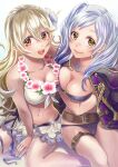  2_girls alluring alternate_costume asymmetrical_docking belt bikini bikini_skirt blonde_hair blush breast_press breasts brown_eyes cleavage coat corrin_(fire_emblem) corrin_(fire_emblem)_(female) corrin_(summer)_(fire_emblem)_(female) fire_emblem fire_emblem_awakening fire_emblem_fates fire_emblem_heroes flower flower_necklace high_res ichino_tomizuki jacket jacket_on_shoulders jewelry long_hair looking_at_viewer medium_breasts multiple_girls navel necklace nintendo official_alternate_costume open_mouth red_eyes robin_(fire_emblem) robin_(fire_emblem)_(female) silver_hair sitting smile stomach swimsuit 