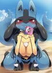  1girl 2022 anthro big_breasts bikini blue_body blue_fur blush bodily_fluids breasts canid clothed clothing condom condom_in_mouth condom_wrapper dagasi digital_media_(artwork) fangs full-length_portrait fur gen_4_pokemon high_res kneel looking_at_viewer lucario mammal nintendo nipple_outline object_in_mouth pokemon pokemon_(species) portrait red_eyes sexual_barrier_device side-tie_clothing side-tie_swimwear skimpy skimpy_bikini skimpy_bottomwear skimpy_swimwear skimpy_topwear sweat sweatdrop swimwear teeth topwear 