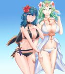  2_girls alluring alternate_costume bikini black_bikini black_swimsuit blue_eyes breasts byleth_(female) byleth_(fire_emblem) byleth_(fire_emblem)_(female) croirei female_only fire_emblem fire_emblem:_three_houses fire_emblem_heroes light-skinned_female light_skin nintendo official_alternate_costume rhea_(fire_emblem) rhea_(summer)_(fire_emblem) swimsuit teal_hair white_bikini white_swimsuit 