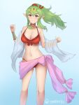 1girl 1girl alluring big_breasts bikini blue_background breasts choker cleavage closed_mouth fire_emblem fire_emblem_awakening fire_emblem_heroes gradient_background green_eyes green_hair hair_ribbon high_res long_hair looking_at_viewer medium_breasts navel nintendo pointy_ears red_bikini ribbon simple_background smile spiffydc standing swimsuit tiara tiki_(adult)_(fire_emblem) tiki_(adult)_(summer)_(fire_emblem) tiki_(fire_emblem) twitter_username