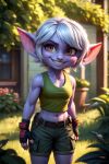  ai_generated cargo_shorts fingerless_gloves league_of_legends purple_skin tank_top tristana white_hair yordle 