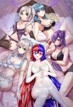  5girls alear_(female)_(fire_emblem) alear_(fire_emblem) alluring arm_under_breasts arm_up babydoll bangs bare_midriff bare_thighs bed big_breasts black_bra black_panties black_pawpads blue_eyes blue_hair blue_nails blush bra braid brown_eyes byleth_(female) byleth_(fire_emblem) byleth_(fire_emblem)_(female) camisole choker cleavage closed_mouth collaboration collarbone corrin_(fire_emblem) corrin_(fire_emblem)_(female) crossed_bangs crown_braid doll earrings female_only female_protagonist fire_emblem fire_emblem:_three_houses fire_emblem_awakening fire_emblem_engage fire_emblem_fates fire_emblem_warriors:_three_hopes garter_belt grey_hair hair_between_eyes hair_bun hair_ornament hair_over_one_eye hairband heterochromia high_res leon0630claude lingerie long_hair looking_at_viewer matoimangekyo medium_breasts medium_hair midriff multicolored_hair multiple_girls nail_polish navel nintendo on_back on_bed open_mouth panties pillow pointy_ears purple_eyes purple_hair purple_nails purple_panties red_eyes red_hair reia_hana robin_(fire_emblem) robin_(fire_emblem)_(female) shez_(female)_(fire_emblem) shez_(fire_emblem) simple_background single_hair_bun smile split-color_hair stockings teal_hair thick_thighs thighs twin_tails underwear very_long_hair white_hair white_panties yellow_eyes youhei_choregi 