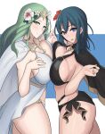  2_girls alluring ass big_breasts black_bikini black_swimsuit blue_eyes breasts byleth_(female) byleth_(fire_emblem) byleth_(fire_emblem)_(female) cape female_only fire_emblem fire_emblem:_three_houses fire_emblem_heroes green_eyes green_hair long_hair nintendo ogura_(take-monhan) rhea_(fire_emblem) rhea_(summer)_(fire_emblem) rhealeth swimsuit symmetrical_docking teal_hair white_bikini white_swimsuit yukkurikokura yuri 