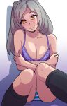  1girl akairiot alluring big_breasts black_socks bra breasts cleavage fire_emblem fire_emblem_awakening frilled_bra frills grey_hair high_res lace lace-trimmed_bra lace_trim looking_at_viewer nintendo orange_eyes panties purple_bra robin_(fire_emblem) robin_(fire_emblem)_(female) socks striped striped_panties twin_tails underwear underwear_only 