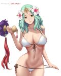  1girl 1girl 1girl alluring aqua_hair artist_name ass_visible_through_thighs bare_arms bare_shoulders big_breasts bikini black_ribbon breasts cleavage collarbone cowboy_shot dakkalot fire_emblem fire_emblem:_three_houses fire_emblem_heroes flower forehead_protector green_eyes groin hair_flower hair_ornament head_tilt hibiscus holding looking_at_viewer lowleg lowleg_bikini navel pink_lips rhea_(fire_emblem) rhea_(summer)_(fire_emblem) ribbon side-tie_bikini simple_background smile stomach swimsuit tassel thigh_gap toned white_background white_bikini white_flower 