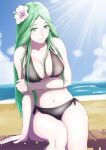 1girl 1girl alluring beach_chair big_breasts black_swimsuit cleavage clouds fire_emblem fire_emblem:_three_houses flower_in_hair green_eyes green_hair gzo1206 looking_at_viewer ocean rhea_(fire_emblem) sky solo_female thick_thighs