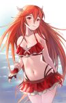 1girl 1girl alluring bikini cordelia_(fire_emblem) cordelia_(summer)_(fire_emblem) female_focus fingerless_gloves fire_emblem fire_emblem_awakening fire_emblem_heroes gloves hair_ornament high_res long_hair matching_hair/eyes navel nintendo parted_lips red_bikini red_eyes red_hair spiffydc swimsuit twitter_username