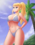 1girl abs beach belly big_ass big_breasts big_breasts bikini blonde_hair blue_eyes cleavage clouds eyebrows_visible_through_hair female_only hand_on_hip huge_breasts human metroid midriff navel nintendo ponytail saf-404 safartwoks safartworks samus_aran seaside sidelocks thick_thighs under_boob wide_hips