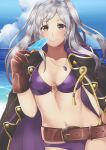 1girl 1girl alluring belt bikini blue_sky brown_eyes brown_gloves closed_mouth cloud day fire_emblem fire_emblem_awakening fire_emblem_heroes food gloves high_res jewelry long_hair maji_(majibomber) necklace nintendo outside popsicle robin_(fire_emblem) robin_(fire_emblem)_(female) sky smile swimsuit twin_tails water white_hair