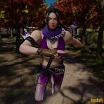 1girl alluring black_and_red_and_purple_hair blue_eyes female_abs fusion holding_sword hypster83 julia_chang julimitsu kunia kunimitsu_ii kunoichi namco scarf tekken tekken_7 voluptuous