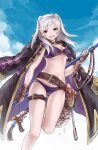 1girl 1girl alluring aya_(8819062) belt bikini braid breasts brown_eyes cleavage cloud cloudy_sky day fire_emblem fire_emblem_awakening fire_emblem_heroes gloves high_res jacket jacket_on_shoulders looking_at_viewer medium_breasts navel net nintendo o-ring o-ring_bikini o-ring_top octopus open_mouth painttool_sai polearm robe robin_(fire_emblem) robin_(fire_emblem)_(female) seaweed short_hair silver_hair sky starfish swimsuit thigh_strap twin_tails weapon