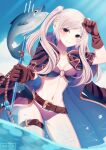 1girl alluring belt belt_skirt bikini blush breasts fire_emblem fire_emblem_awakening fire_emblem_heroes fish gloves hynori long_hair looking_at_viewer medium_breasts navel nintendo ocean polearm robe robin_(fire_emblem) robin_(fire_emblem)_(female) smile swimsuit trident twin_tails water weapon white_hair yellow_eyes