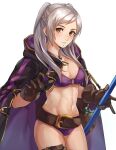 1girl 1girl alluring athletic_female bikini breasts cleavage female_abs fire_emblem fire_emblem_awakening fire_emblem_heroes fit_female hair_ornament high_res holding holding_polearm holding_spear holding_weapon jewelry kamu_(kamuuei) looking_at_viewer navel necklace nintendo polearm robe robin_(fire_emblem) robin_(fire_emblem)_(female) simple_background spear swimsuit thigh_strap thighs twin_tails weapon white_hair