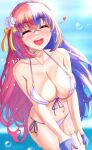 1girl 1girl adorable alear_(female)_(fire_emblem) alear_(fire_emblem) alluring alternate_costume anisdrawn bangs big_breasts bikini blue_hair blush braid breasts closed_eyes crossed_bangs crown_braid female_focus fire_emblem fire_emblem_engage heterochromia high_res holding_hands long_hair multicolored_hair navel nintendo open_mouth outside red_hair smile solo_focus split-color_hair swimsuit thighs two-tone_hair very_long_hair water wet white_bikini white_swimsuit