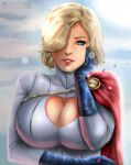  1girl artist_logo big_breasts blonde blonde_female blonde_hair blue_eyes breasts cape cleavage dc_comics female_only flowerxl hair_over_one_eye hand_on_face huge_breasts looking_at_viewer massive_breasts pale-skinned_female pale_skin power_girl short_hair sky_background superhero_costume superheroine 