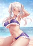 1girl alluring alternate_costume azto_dio bare_shoulders beach big_breasts bikini blush breasts brown_eyes cleavage collarbone fire_emblem fire_emblem_awakening frilled_bikini frills high_res long_hair looking_at_viewer navel nintendo purple_bikini robin_(fire_emblem) robin_(fire_emblem)_(female) sideboob skindentation swimsuit thighs twin_tails under_boob white_hair