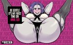 1girl anus anus_peek arms_behind_head big_breasts breasts curvaceous curvy curvy_body curvy_female curvy_figure dc_comics english_text hands_behind_head imminent_anal imminent_sex navel purple_hair raccoonserver rachel_roth raven_(dc) spread_legs teen_titans text voluptuous