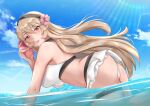 1girl 1girl 1girl alluring alternate_costume ass bare_thighs bent_over big_ass bikini blonde_hair breasts corrin_(fire_emblem) corrin_(fire_emblem)_(female) corrin_(summer)_(fire_emblem)_(female) covered_nipples female_only fire_emblem fire_emblem_fates fire_emblem_heroes long_hair looking_back medium_breasts nintendo oceanic_dolphin official_alternate_costume outside partially_submerged red_eyes rinku_bny shell smile swimwear thighs very_long_hair water white_bikini white_swimsuit