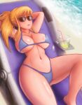 1girl armpits beach beach_chair big_breasts bikini blonde_hair blue_bikini breasts brown-tinted_eyewear cleavage female_only highleg_bikini lemon metroid nintendo ponytail relaxing saf-404 safartwoks safartworks samus_aran sitting sunbathing sunglasses swimsuit thick_thighs tinted_eyewear under_boob