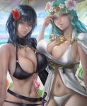  2_girls alluring bare_midriff big_breasts bikini black_bikini black_swimsuit byleth_(female) byleth_(fire_emblem) byleth_(fire_emblem)_(female) cleavage clothed_female female/female female_focus female_only fire_emblem fire_emblem:_three_houses fire_emblem_heroes flower_in_hair long_hair nintendo oscuroii rhea_(fire_emblem) rhea_(summer)_(fire_emblem) swimsuit teal_hair white_bikini white_swimsuit yuri 