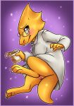 1girl 2015 alphys alphys_(undertale) anthro anthro_only blush bottomless bottomless_female brown_eyes buckteeth clothed clothed_anthro clothed_female clothing cup_noodles dinosaur dinosaur_girl eyewear female female_anthro female_only food genitals glasses gradient_background lab_coat lizard lizard_girl monster pon3splash purple_background pussy reptile reptile_girl scalie simple_background solo solo_female sweat teeth undertale undertale_(series) video_games yellow_body yellow_skin