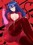 1girl alluring alternate_costume ann_takamaki_(cosplay) big_breasts blue_eyes blue_hair bodysuit breasts cosplay crossover fire_emblem fire_emblem_awakening hair_over_one_eye kaos_art long_hair lucina lucina_(fire_emblem) mask nintendo persona persona_5 tail tiara unzipped zipper