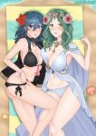 2_girls adjusting_clothes alluring alternate_version_available artist_name asymmetrical_docking beach big_breasts bikini black_bikini black_swimsuit blue_eyes breasts byleth_(female) byleth_(fire_emblem) byleth_(fire_emblem)_(female) cryptid_(artist) cryptid_crab female/female female_only fire_emblem fire_emblem:_three_houses fire_emblem_heroes flower flower_in_hair green_eyes green_hair long_hair looking_at_viewer multiple_girls nintendo official_alternate_costume revision rhea_(fire_emblem) rhea_(summer)_(fire_emblem) seaside shell swimsuit teal_hair towel water white_bikini white_swimsuit yuri